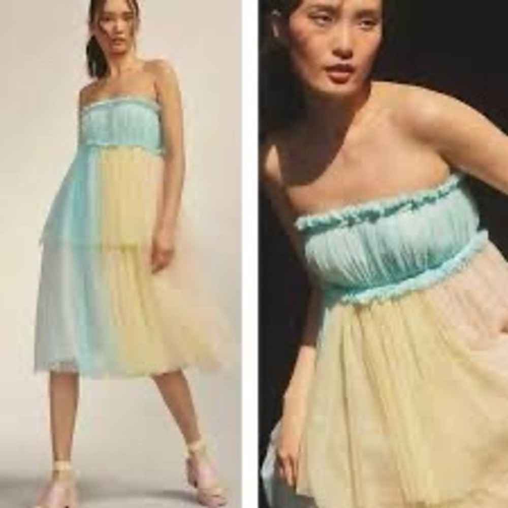 Anthropologie Rainbow Tulle Strapless Tiered Midi Dress Pastel Multicolor Sz S